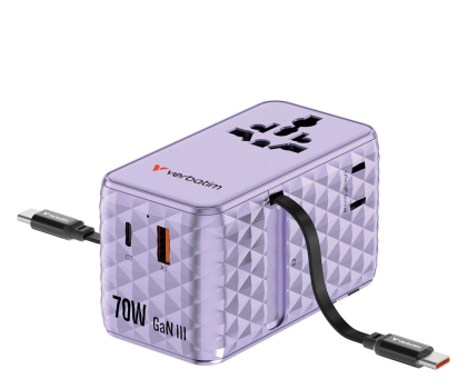 Ładowarka i akumulator VERBATIM Charge ’n Travel 70W 2C retractable Universal Adapter purple 30188